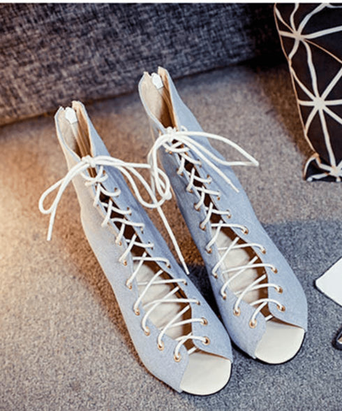 Denim Lace-Up Heel Boots
